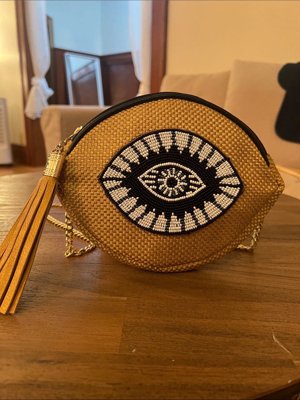 Woven Mustard Eye Beaded Crossbody Bag